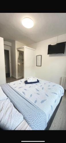 une chambre avec un grand lit avec une couverture bleue dans l'établissement Chambre double, à Beauvais