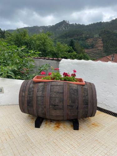 a large barrel with a planter with flowers in it at Casa Vila Rosa in Penacova