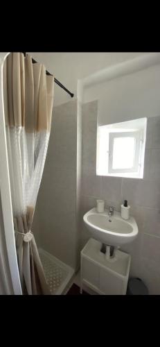 Un baño con lavabo y cortina de ducha. en Civico 12, en Ischia di Castro