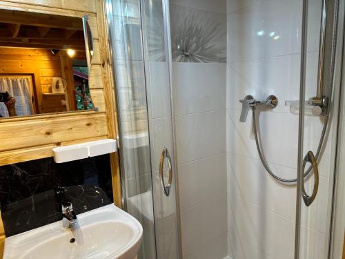 a bathroom with a shower and a sink and a mirror at Acapulco Domki Radków in Wünschelburg