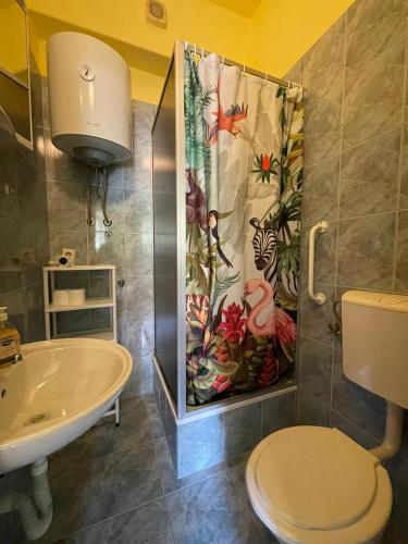 a bathroom with a shower with a toilet and a sink at Dejan apartment 3-Free parking near Arena in city center, near bus, train, ferry, airport shuttle in Pula