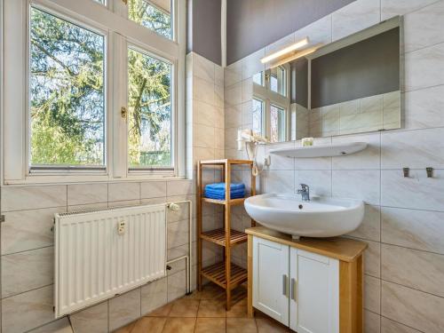 a bathroom with a sink and a mirror at XXL Reihenhaus mit WLAN in Buchholz in Buchholz