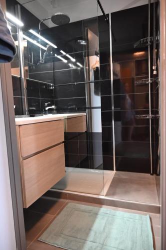 une salle de bain avec une douche en verre et un lavabo dans l'établissement Duplex de charme en bord de mer, à Sanary-sur-Mer