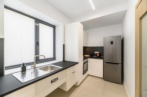 eine Küche mit Spüle und Kühlschrank in der Unterkunft KOA - Davino Aparthotel in Braşov