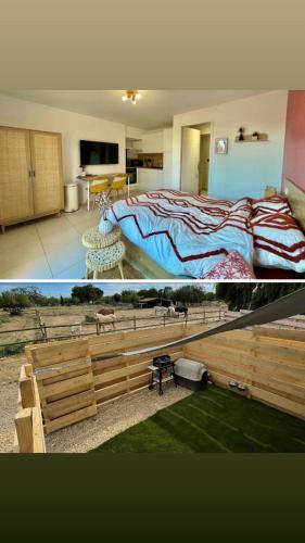 two pictures of a bedroom with a bed and a room at Studio à l'Ecurie in Narbonne