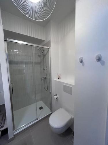 une salle de bain blanche avec douche et toilettes dans l'établissement Studio Wish 5 min Disney Parking, à Chessy