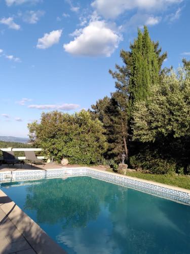 une piscine d'eau bleue et d'arbres dans l'établissement Brin d Ardèche, à Lentillères