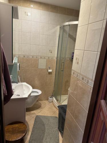 a bathroom with a shower and a sink and a toilet at Żeromskiego 2024 in Gdynia
