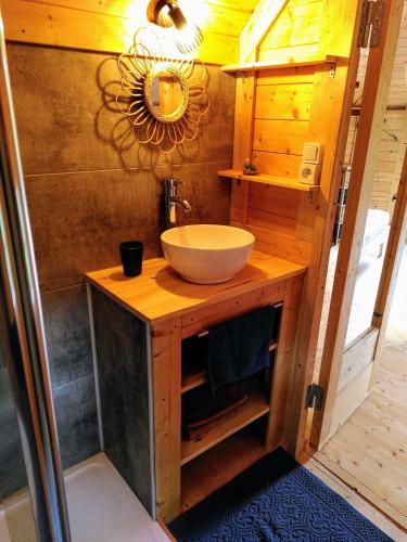 La salle de bains est pourvue d'un lavabo et d'une coiffeuse en bois. dans l'établissement Brin d Ardèche, à Lentillères