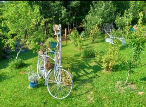 a bike is chained to a pole in a yard at Vikendica Vučetić Loznica in Budimlija