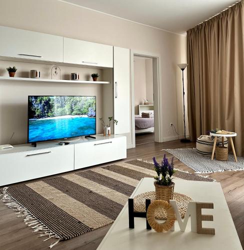 a living room with a large flat screen tv at MoonLight Charming Shelter - spacious, 180º Balcony View in Oradea