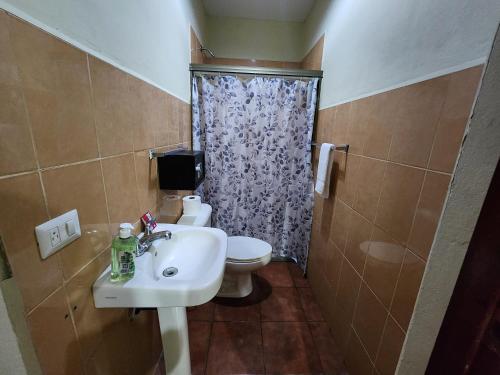 a bathroom with a sink and a toilet and a shower at Hotel Casona Macondo, Granada, Nicaragua in Granada