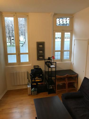 un salon avec un canapé et deux fenêtres dans l'établissement Joli Cocon Paris 15ème, à Paris