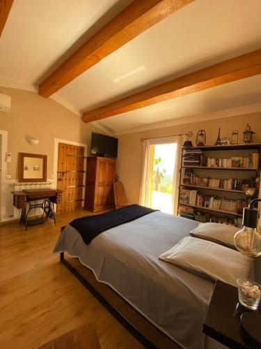 une chambre avec un lit, un bureau et une fenêtre dans l'établissement Villa avec piscine, location à la semaine, à Montauroux