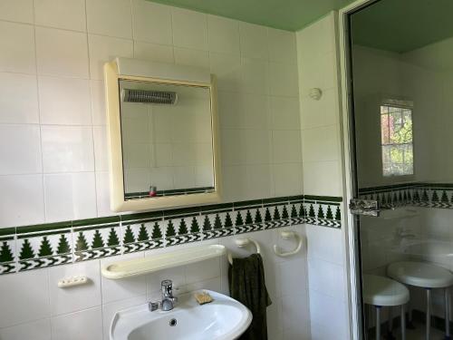 une salle de bain blanche avec un lavabo et un miroir dans l'établissement Chambre dans dépendance avec SDB privée, à Octon
