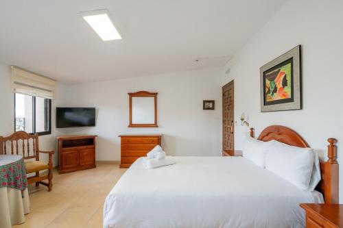 a bedroom with a white bed and a television at Hotel La Quinta de Santillán in Chinchón