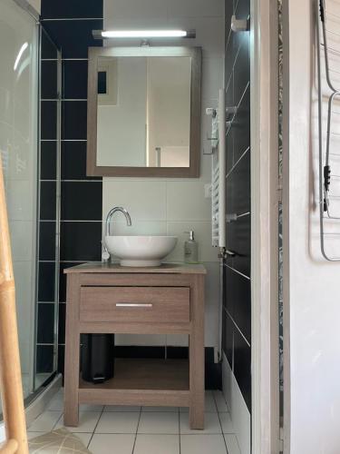 une salle de bain avec un lavabo et un miroir dans l'établissement Appartement hyper-centre à 200 m de la plage, à Royan