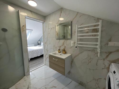 a bathroom with a sink and a mirror and a shower at Vila Renata Laure in Palanga