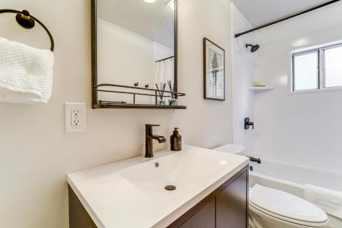 a bathroom with a sink and a toilet and a mirror at Roscommon Chalet with Hot Tub Near Higgins Lake! in Roscommon