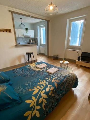 une chambre avec un grand lit avec une couette bleue dans l'établissement Le B2, parking privé, à Carcassonne