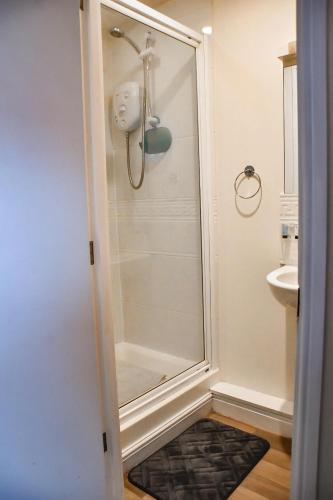 a shower stall in a bathroom with a sink at Wessex House - 2 Bed flat contractor stay in Highbridge