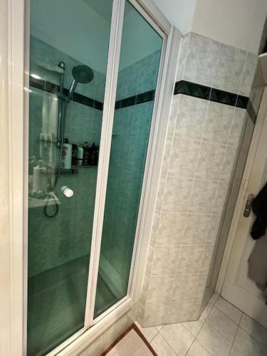 une douche avec une porte vitrée dans une salle de bain dans l'établissement Appartement 3 pièces à Chilly-Mazarin centre, à Chilly-Mazarin