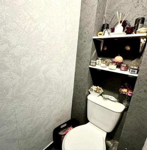 La salle de bains est pourvue de toilettes blanches et d'une étagère. dans l'établissement Appartement 3 pièces à Chilly-Mazarin centre, à Chilly-Mazarin