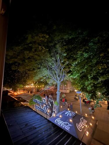 a group of people sitting on a roller coaster at night at City Center Apartment in Mitrovicë