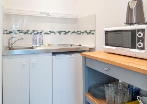 une cuisine avec un évier et un micro-ondes dans l'établissement Studio at Jardin du Luxembourg, à Paris