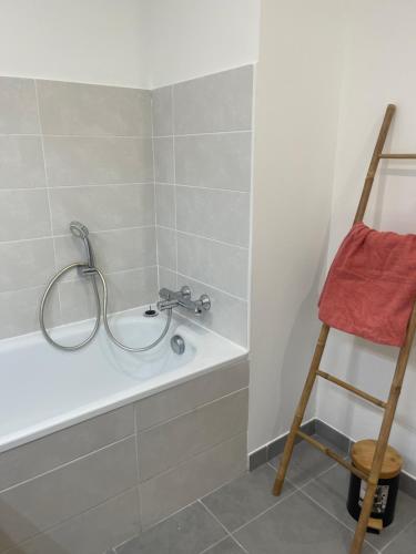 La salle de bains est pourvue d'une baignoire avec un pommeau de douche. dans l'établissement appartement idéalement situé, à La Trinité