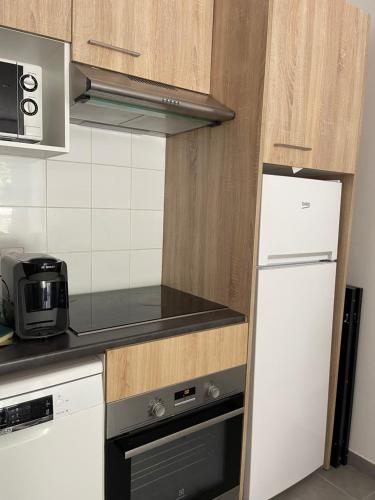 La cuisine est équipée d'un réfrigérateur blanc et d'un four micro-ondes. dans l'établissement appartement idéalement situé, à La Trinité