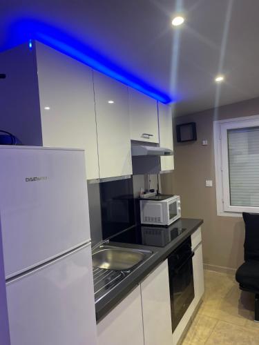 une cuisine avec un évier et un micro-ondes dans l'établissement Superbe Villa toute équipée !, à Canaules-et-Argentières