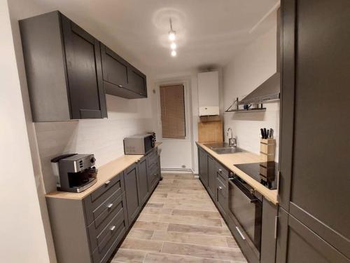 une cuisine avec des placards gris et un comptoir dans l'établissement Conservatoire - Cours Julien, à Marseille