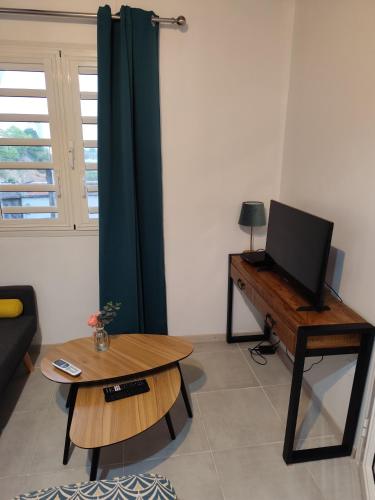 a living room with a table and a tv on a desk at BE BLUE GREEN in Fort-de-France