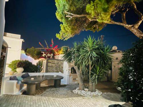a patio with a table and some plants at Cassaris Mykonos in Drafaki