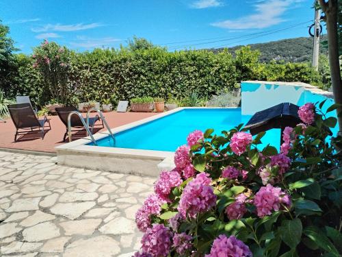 a villa with a swimming pool and flowers at Apartments Gvacic in Rab
