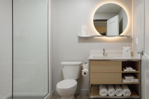 a bathroom with a toilet and a sink and a mirror at TownePlace Suites by Marriott Chattanooga South, East Ridge in Chattanooga