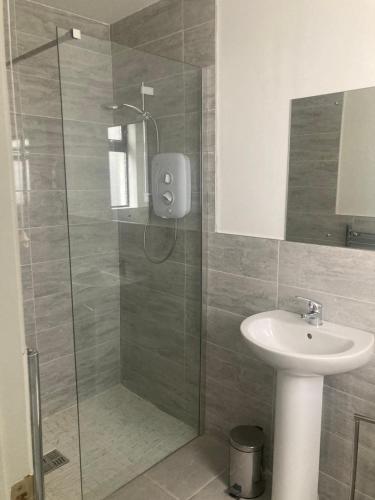 a bathroom with a shower and a sink at Sea View Chalet Kilsallagh Westport Co Mayo in Kilsallagh