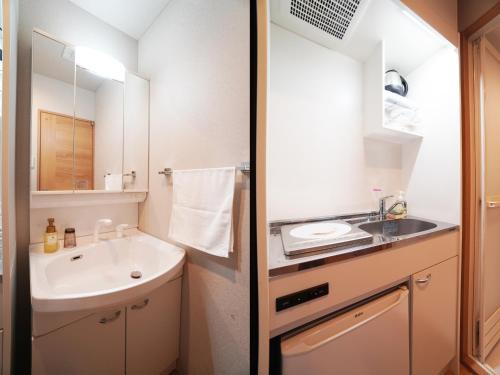 a small bathroom with a sink and a mirror at MUSUBI HOTEL Kyoto Shijo-Omiya in Kyoto