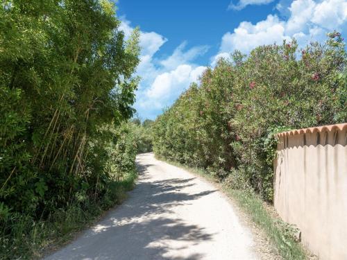 a dirt road with trees on either side of it at Spacious holiday home with private pool and park in Puisserguier