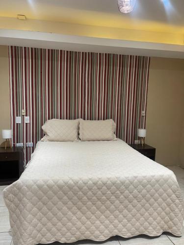 a bedroom with a large white bed with two lamps at Oga Guasu casa con piscina exclusiva in Puerto Iguazú
