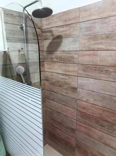 a bathroom with a shower with a wooden wall at Ocean Bliss in Sosúa