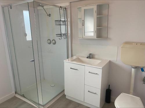 a bathroom with a shower and a sink and a toilet at 21 - Black Point in Pine Point