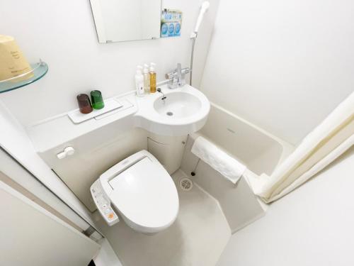 a white bathroom with a toilet and a sink at Super Hotel Okazaki in Okazaki