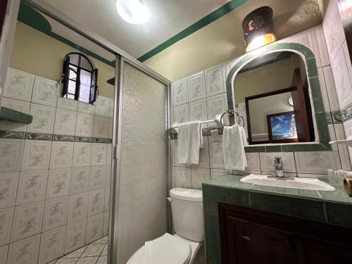 a bathroom with a toilet and a sink and a mirror at Copa de Oro Hotel Boutique in Mascota