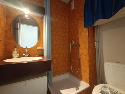 une salle de bain avec un lavabo, un miroir et une baignoire dans l'établissement Studio confortable avec climatisation et animaux acceptés au Barcarès - FR-1-799-46, au Barcarès