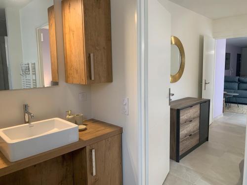 une salle de bain avec un lavabo et un miroir dans l'établissement Appartement Neuf, 2 Pièces, Balcon, Parking, Proche Centre-Brides-les-Bains et Télécabine Olympe - FR-1-512-279, à Brides-les-Bains