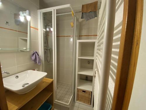 une salle de bain avec un lavabo et une douche dans l'établissement Appartement cosy à Châtel - 4 pers, balcon, parking, proche télécabine, accès WIFI, animaux admis - FR-1-198-265, à Châtel