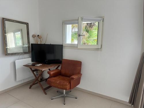 a room with a desk with a chair and a television at Residence Mont-Blanc Poolhouse in Geneva