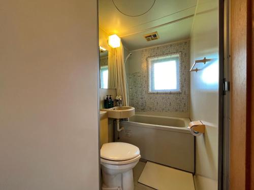 a bathroom with a toilet and a tub and a sink at Pension Mon Repos in Nozawa Onsen